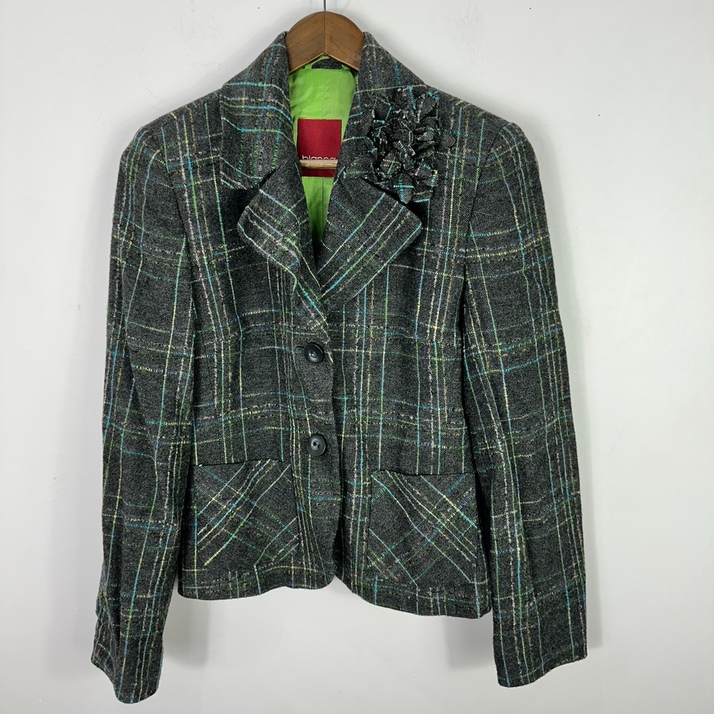 Bianca Blazer 6 Gray Plaid Wool‎ Blend Preppy Academia Statement Career Jacket